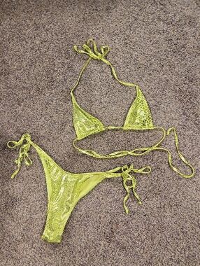 Neon Lime Snakeskin Triangle Bikini Set Size Small